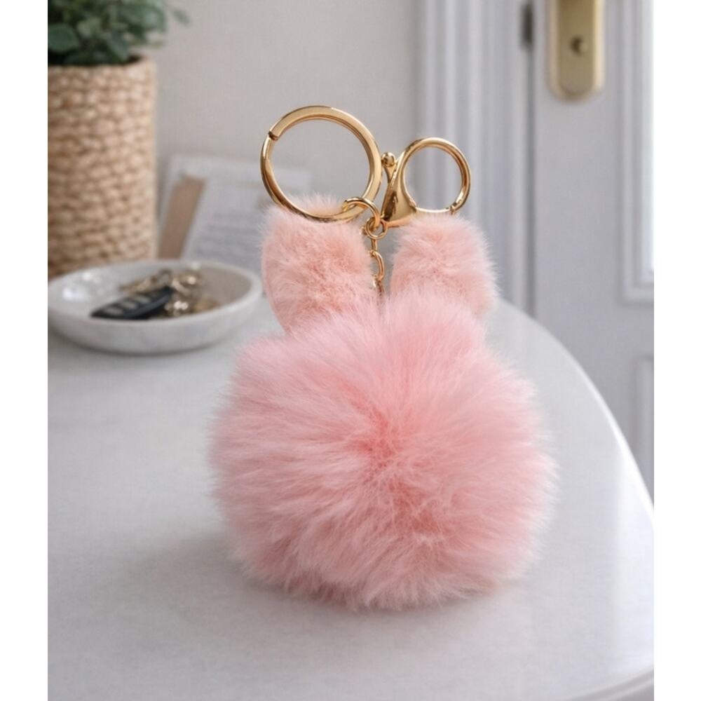 Pink Fur Pom Pom Bunny Ears Bag Charm Key Chain